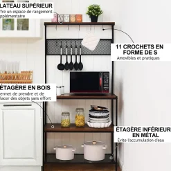 étagère de Rangement à 3 Niveaux étagère pour Micro Ondes avec 11 Crochets et Panneau Grillagé avec Pieds Antidérapants