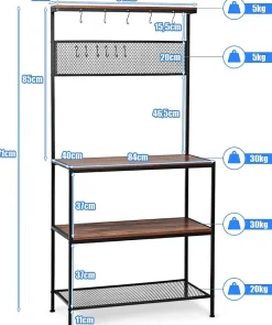 étagère de Rangement à 3 Niveaux étagère pour Micro Ondes avec 11 Crochets et Panneau Grillagé avec Pieds Antidérapants