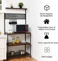 étagère de Rangement à 3 Niveaux étagère pour Micro Ondes avec 11 Crochets et Panneau Grillagé avec Pieds Antidérapants