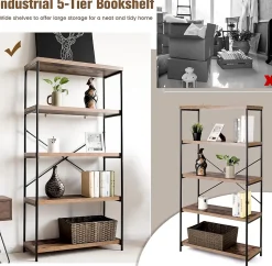 Étagère de Rangement à 5 Niveaux,Dispositif Anti-basculement,Bibliothèque Style Industriel avec Patins Antidérapants,Marron
