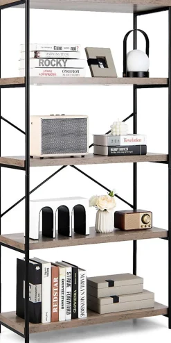 Étagère de Rangement à 5 Niveaux,Dispositif Anti-basculement,Bibliothèque Style Industriel avec Patins Antidérapants,Gris