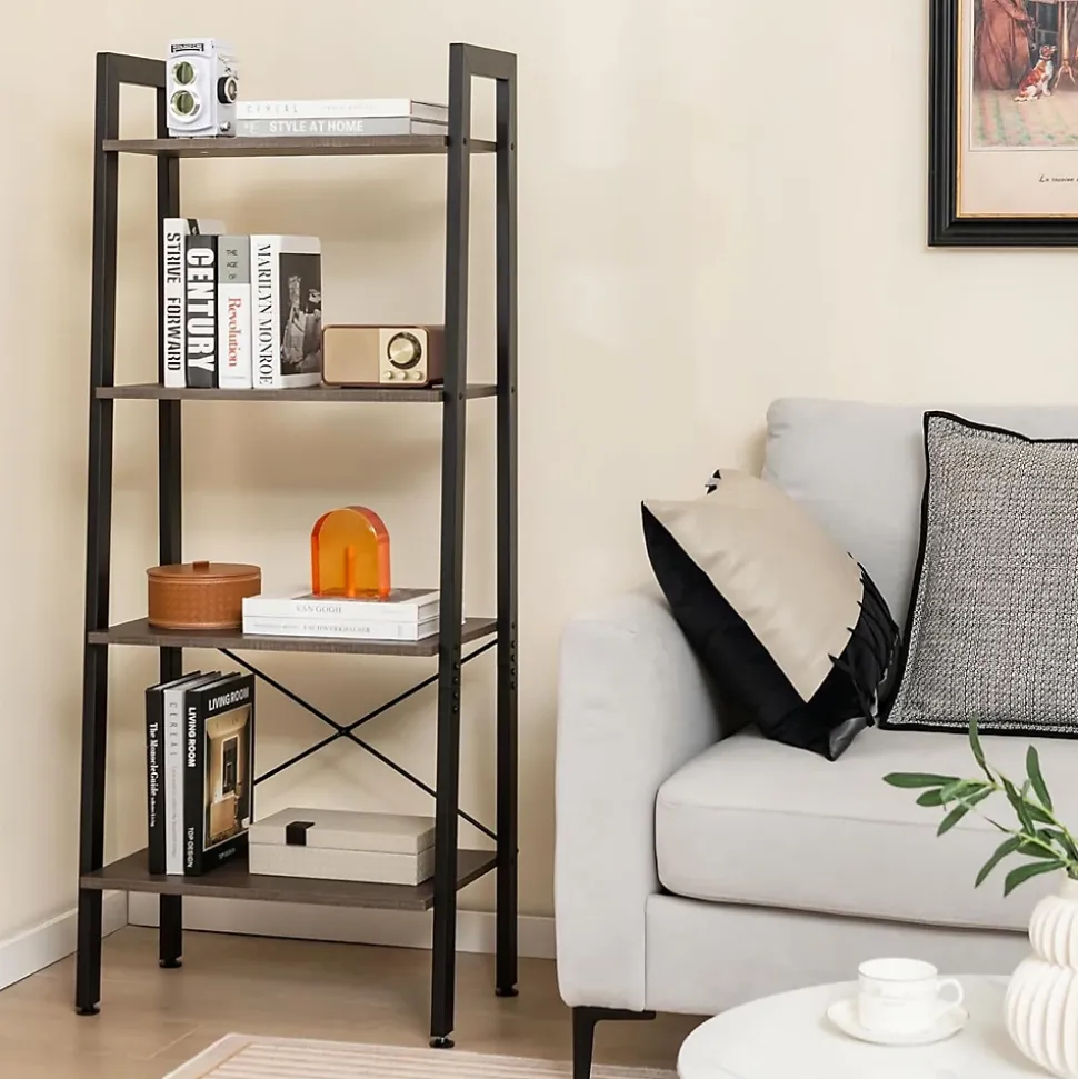 Étagère de Rangement à 4 Niveaux avec Cadre en Métal-Dispositif Anti-basculement-Style Industrielle Gris Foncé