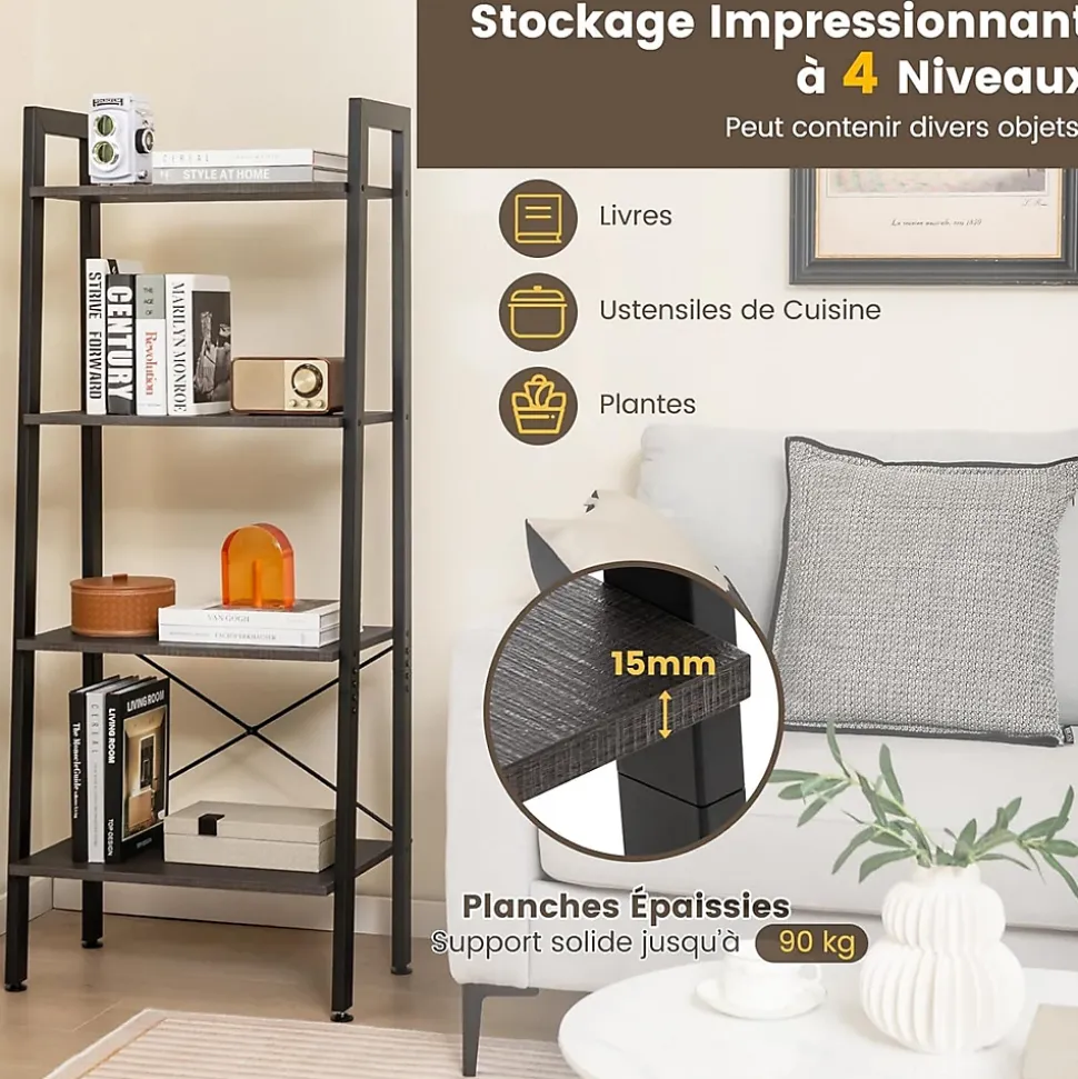 Étagère de Rangement à 4 Niveaux avec Cadre en Métal-Dispositif Anti-basculement-Style Industrielle Gris Foncé