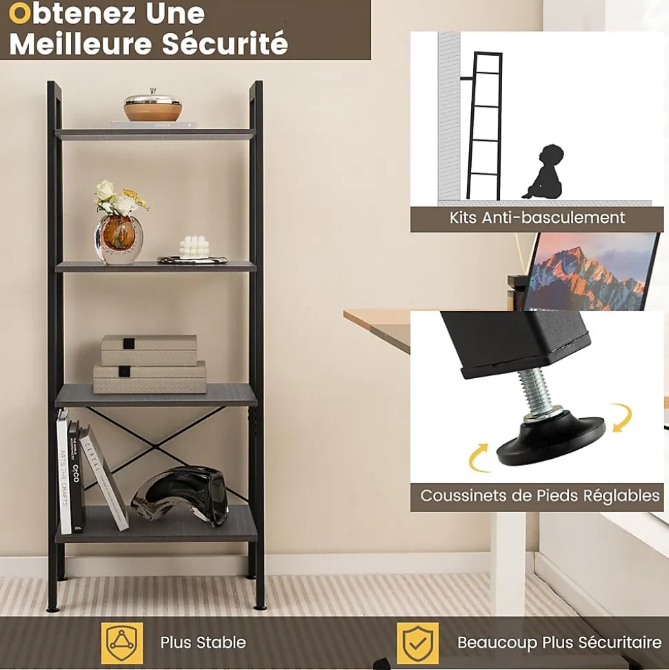 Étagère de Rangement à 4 Niveaux avec Cadre en Métal-Dispositif Anti-basculement-Style Industrielle Gris Foncé