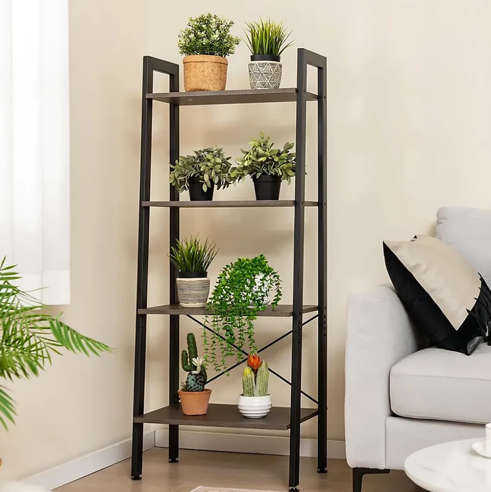 Étagère de Rangement à 4 Niveaux avec Cadre en Métal-Dispositif Anti-basculement-Style Industrielle Gris Foncé