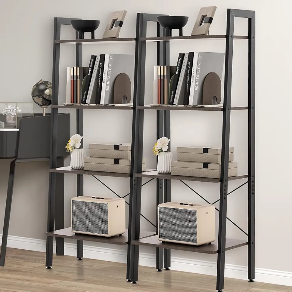 Étagère de Rangement à 4 Niveaux avec Cadre en Métal-Dispositif Anti-basculement-Style Industrielle Gris Foncé