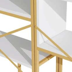 Étagère de Rangement Moderne - Meuble d'Entrée avec Étagères Multiples et Structure en Acier Blanc et Doré - 160x29,5x180 cm