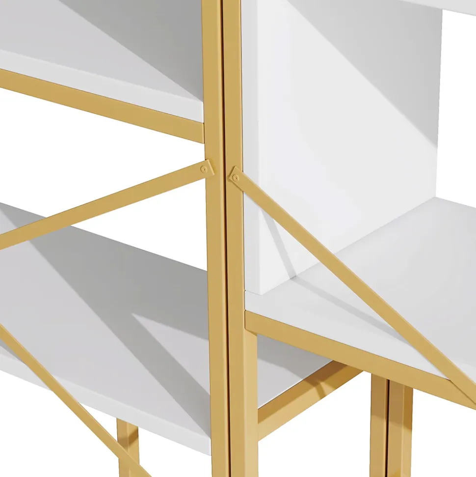 Étagère de Rangement Moderne - Meuble d'Entrée avec Étagères Multiples et Structure en Acier Blanc et Doré - 160x29,5x180 cm
