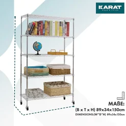 Étagère en métal avec roulettes Maya 5 Étagères 89 x 34 x 150 cm Chromé Charge Max 120 kg - Floordirekt