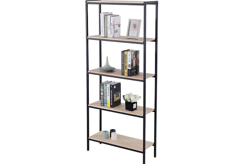 Étagère haute en bois de chêne nordique avec pieds en métal noir - Longueur 80 x Profondeur 28 x Hauteur 180 cm