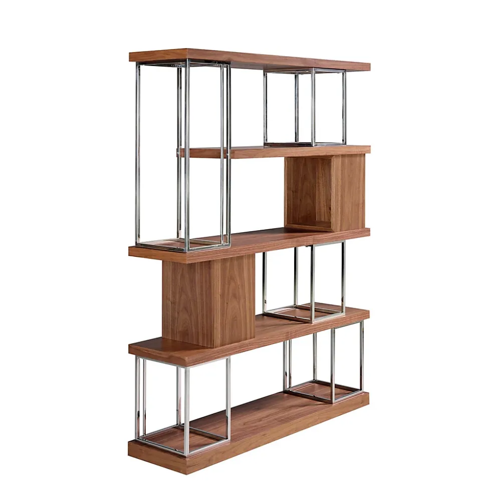 Étagère Moderne en Noyer et Acier Inoxydable Chromé pour Intérieur Élégant