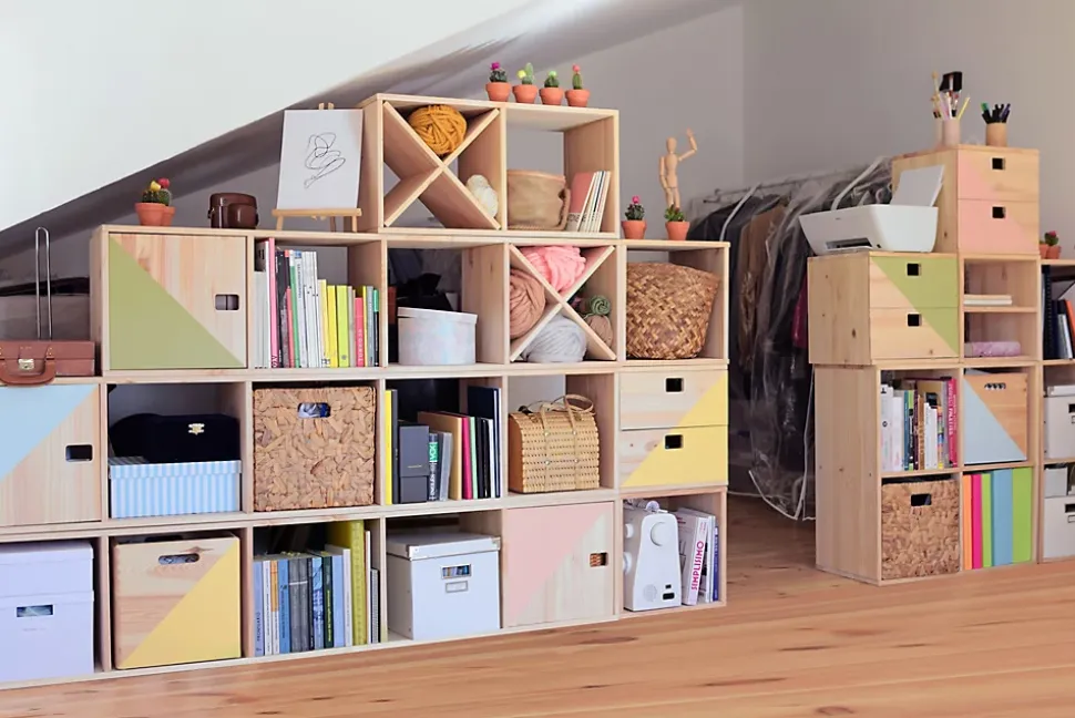 Étagère modulaire Dinamic avec 2 cubes en pin massif 70,8x36,2x33cm