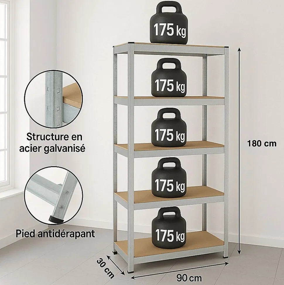 Étagère métal de rangement garage, atelier L.90 x P. 30 x H.180 cm 875 kg avec 5 niveaux