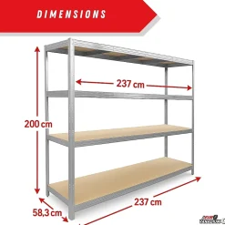 Étagère métal de rangement pour garage, atelier, sous sol avec 4 étages- Capacité 1400 kg - L. 237 x P. 60 x H. 200 cm