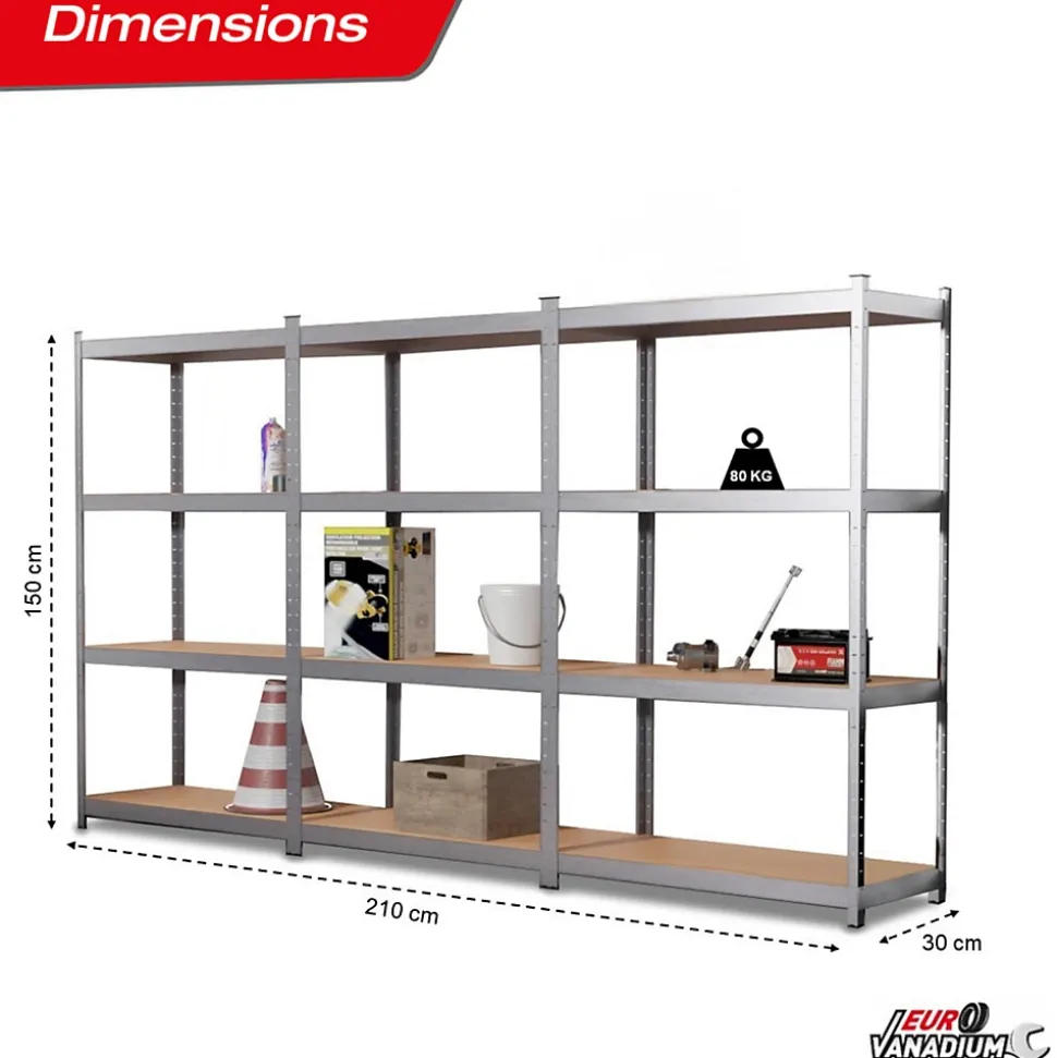 Étagère métal rangement charges lourdes - max 960 kg -12 plateaux - L.210 x P. 30 x H.150 cm