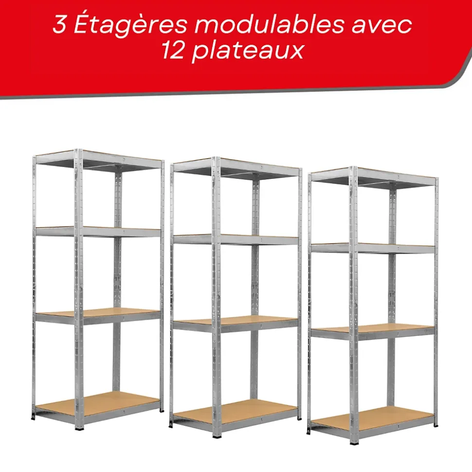 Étagère métal rangement charges lourdes - max 960 kg -12 plateaux - L.210 x P. 30 x H.150 cm