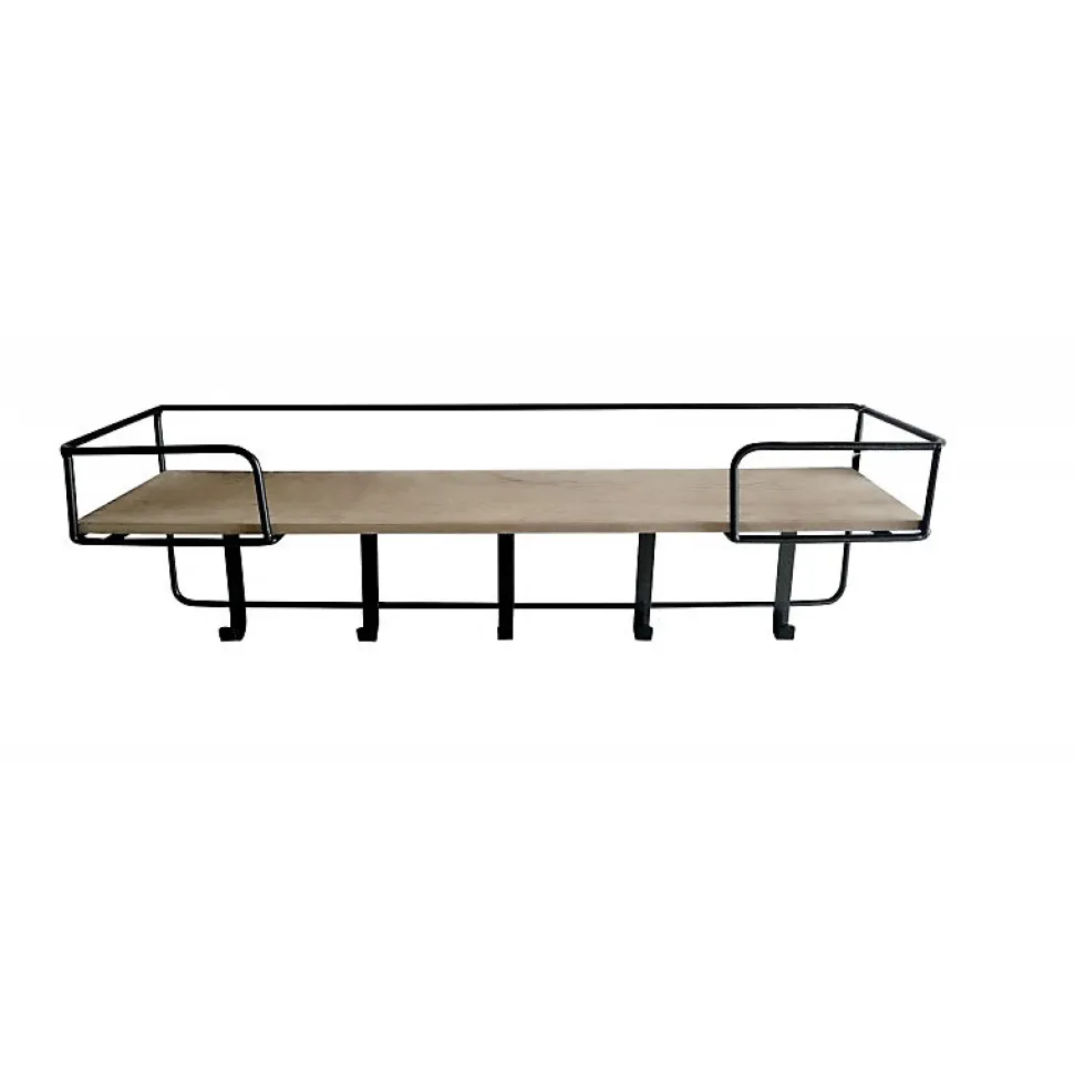 Étagère murale 60 cm plateau décor bois 5 patères métal - CINCO