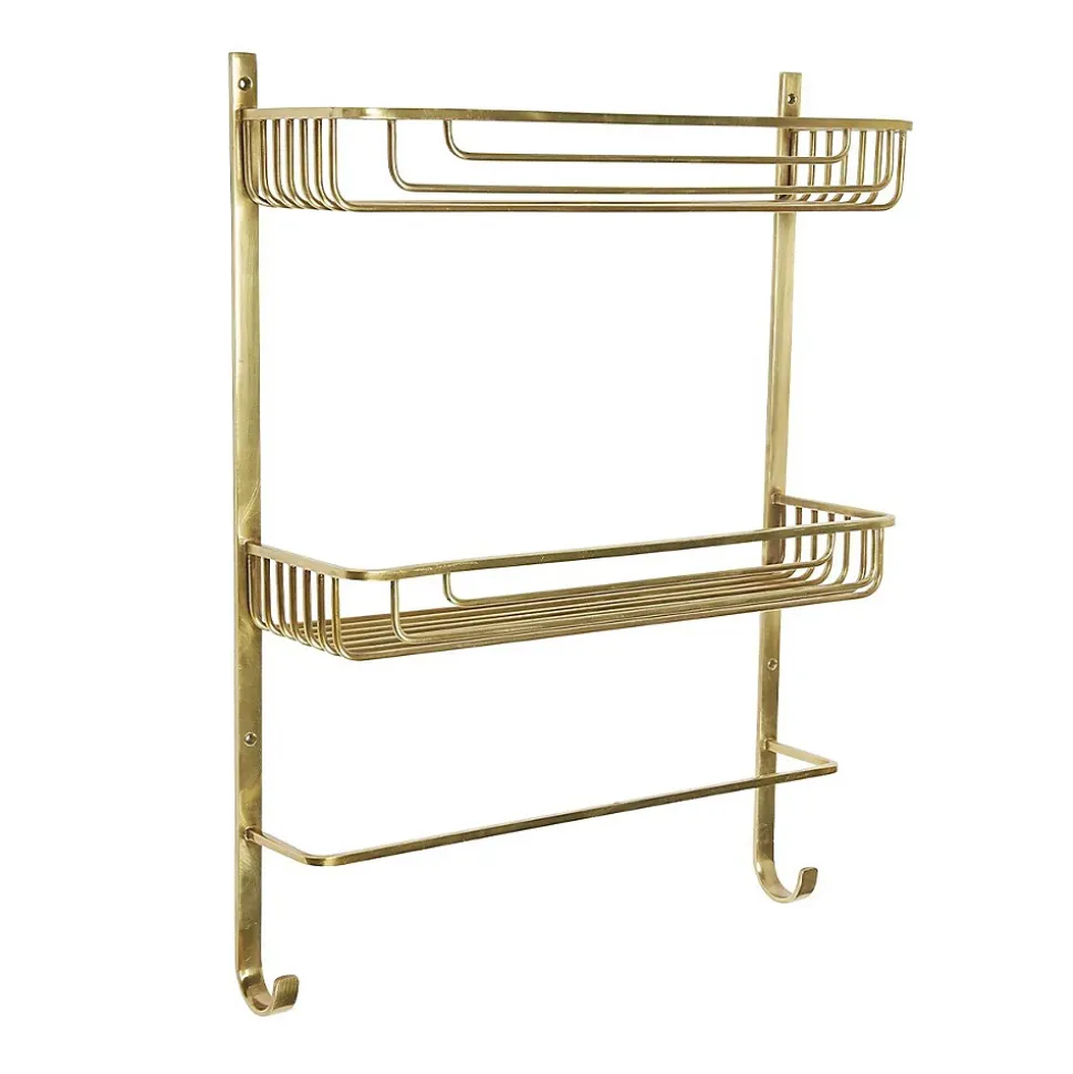 Étagère Murale 2 Niveaux avec Porte-Serviettes en Laiton Dorée - L42 x H56cm