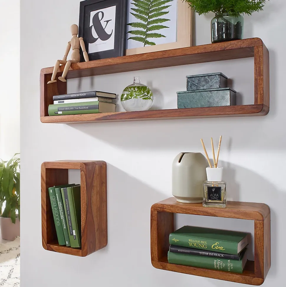 Étagère murale Lot de 3 Bois Massif Étagère en bois Étagère à livres FineBuy