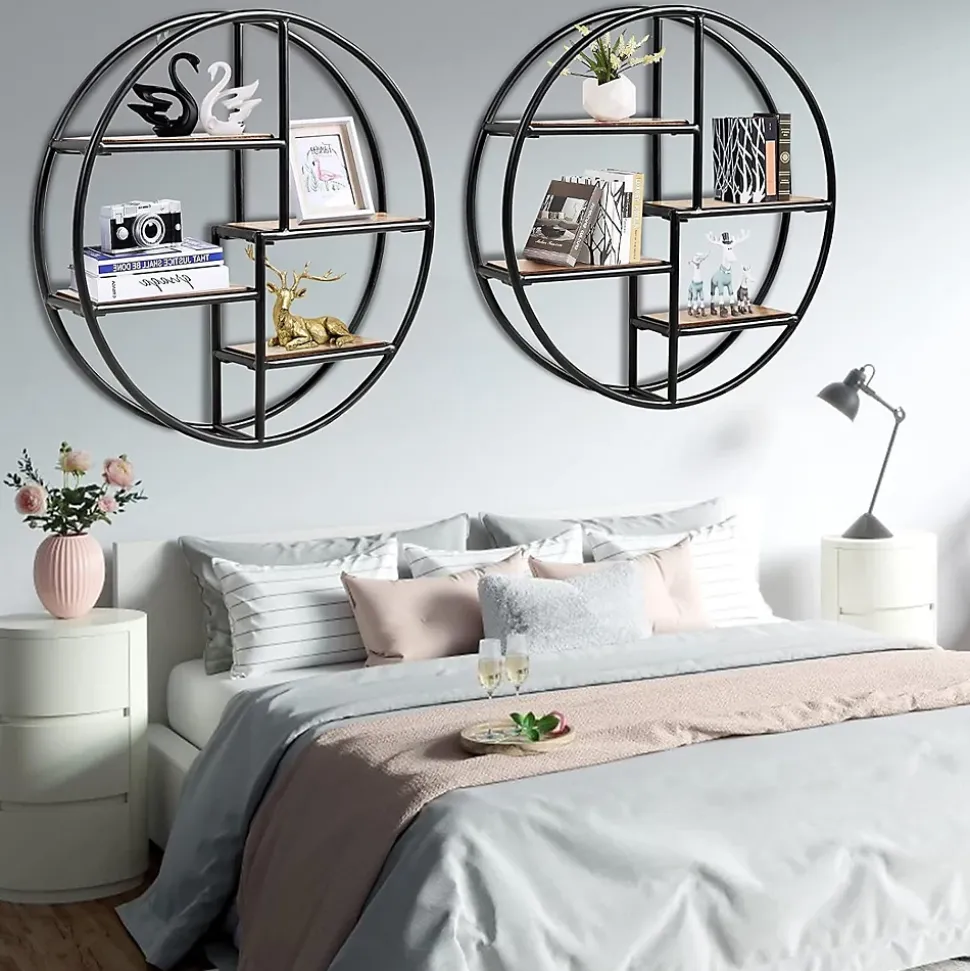 Étagère Murale Ronde, Étagère Suspendue avec 4 étagères en Bois et Métal Design Industriel Décoration Murale pour Salon