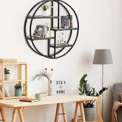 Étagère Murale Ronde, Étagère Suspendue avec 4 étagères en Bois et Métal Design Industriel Décoration Murale pour Salon