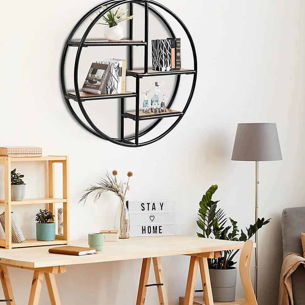 Étagère Murale Ronde, Étagère Suspendue avec 4 étagères en Bois et Métal Design Industriel Décoration Murale pour Salon
