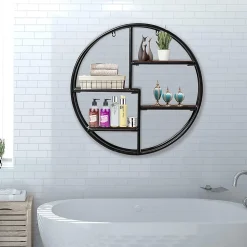 Étagère Murale Ronde, Étagère Suspendue avec 4 étagères en Bois et Métal Design Industriel Décoration Murale pour Salon