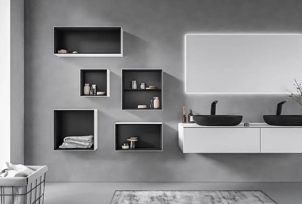 Étagère murale suspendue carré design en MDF, résistant à l'humidité, laqué 7 fois - 32x32x17,7cm - ARCTIC 320 - Blanc mat