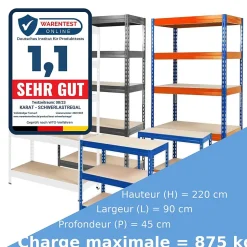 Étagère pour charge lourde 5 Étages Blanc 220 x 90 x 45 cm, Charge Max 875 kg