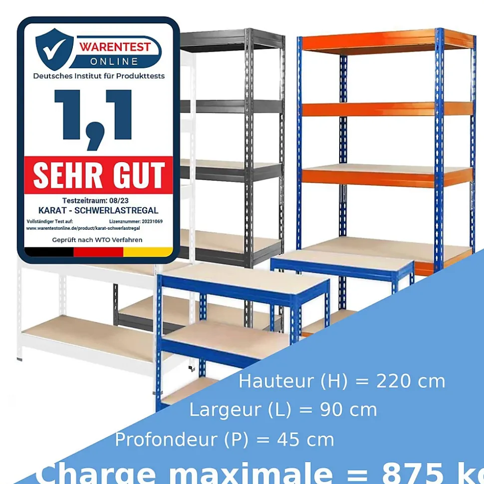 Étagère pour charge lourde 5 Étages Blanc 220 x 90 x 45 cm, Charge Max 875 kg