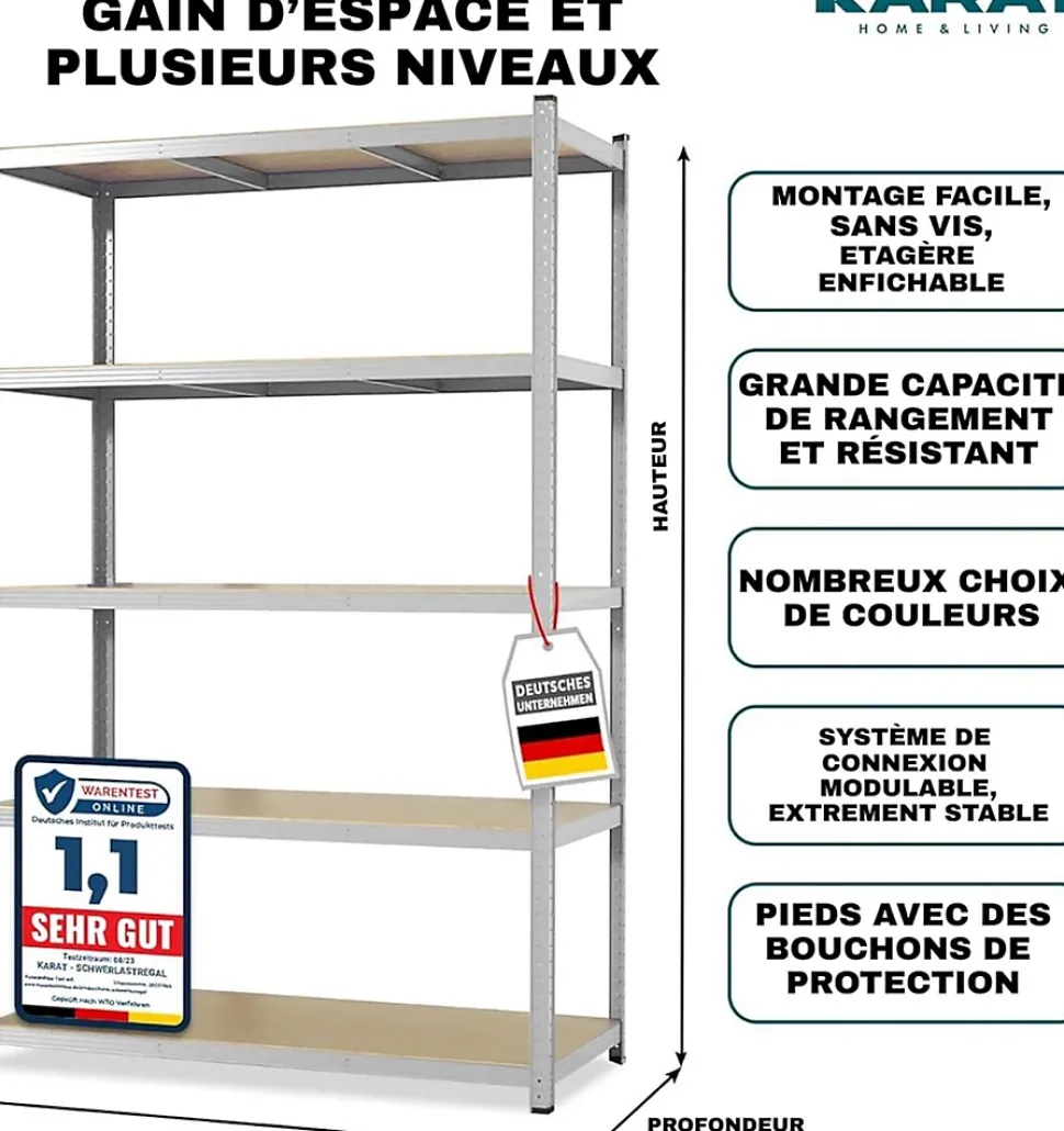 Étagère pour charge lourde, 220 x 90 x 60 cm, Charge Max : 875 kg