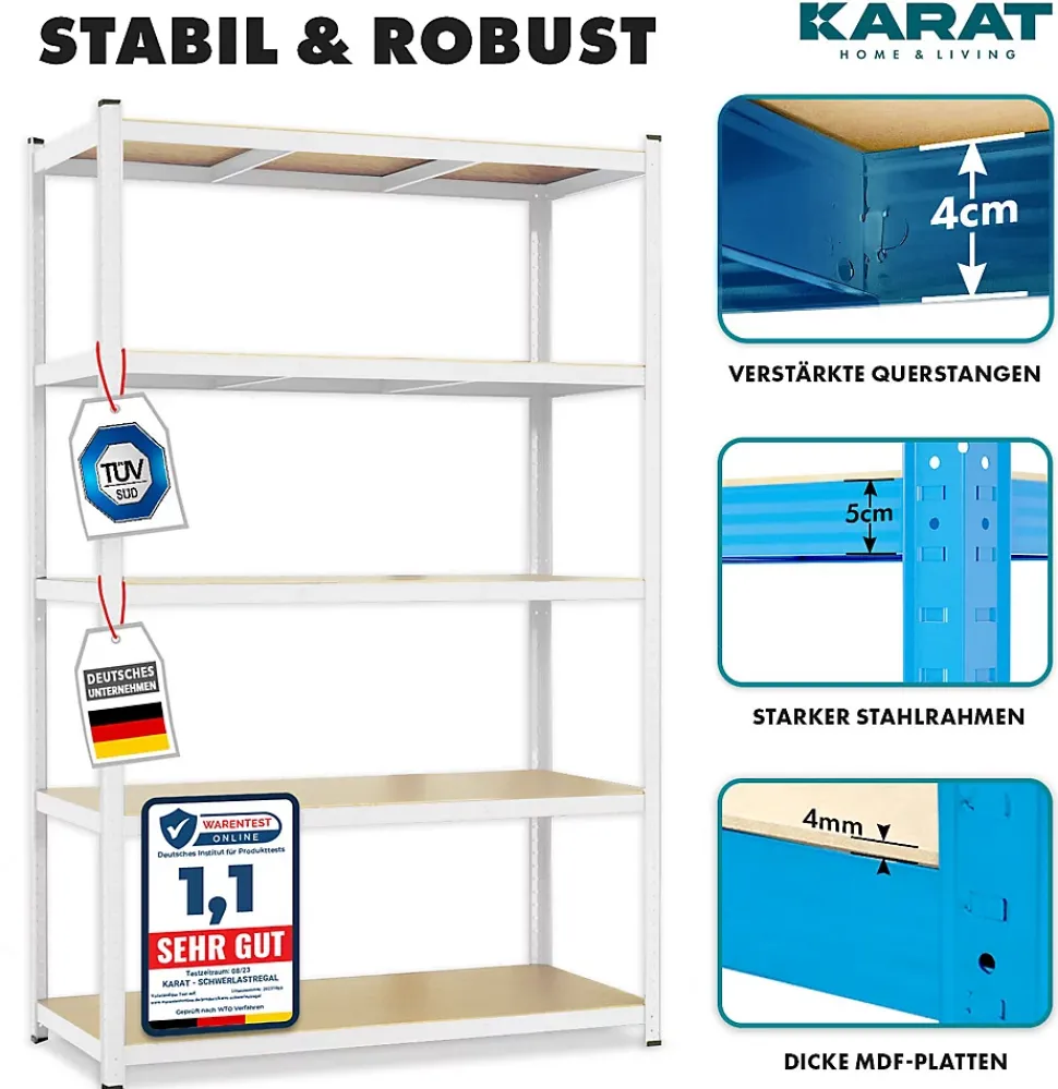 Étagère pour charge lourde 5 Étages Blanc 220 x 90 x 60 cm, Charge Max : 875 kg