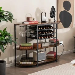 Étagère Range Bouteille à 3 Niveaux avec Station de Charge Intégrée Étagères Ouvertes et Porte bouteilles de Vin Marron