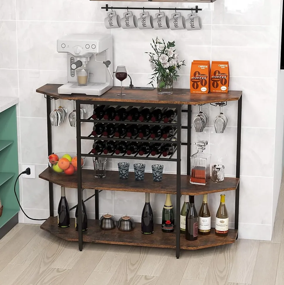 Étagère Range Bouteille à 3 Niveaux avec Station de Charge Intégrée Étagères Ouvertes et Porte bouteilles de Vin Marron