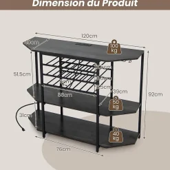 Étagère Range Bouteille à 3 Niveaux avec Station de Charge Intégrée Étagères Ouvertes et Porte bouteilles de Vin Marron