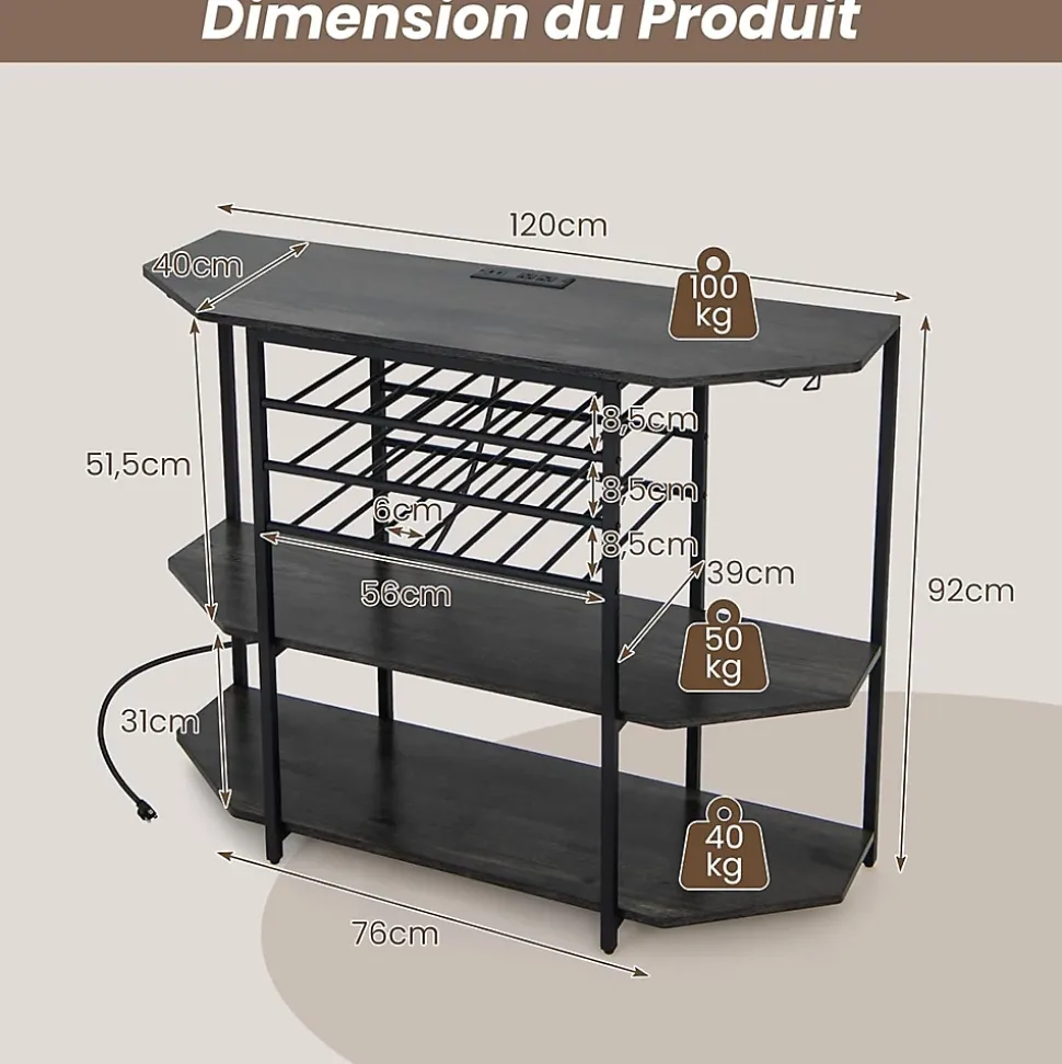 Étagère Range Bouteille à 3 Niveaux avec Station de Charge Intégrée Étagères Ouvertes et Porte bouteilles de Vin Marron