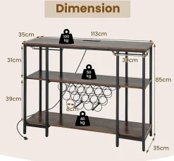 Étagère Range Bouteille à 3 Niveaux avec Prises Table de Bar à Liqueur avec Porte bouteille et Kit Anti basculement Marron