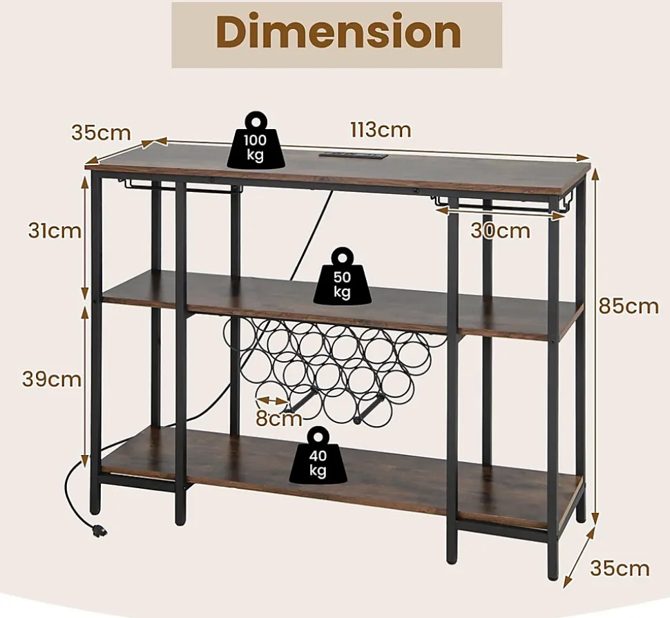 Étagère Range Bouteille à 3 Niveaux avec Prises Table de Bar à Liqueur avec Porte bouteille et Kit Anti basculement Marron