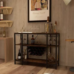 Étagère Range Bouteille à 3 Niveaux avec Prises Table de Bar à Liqueur avec Porte bouteille et Kit Anti basculement Marron