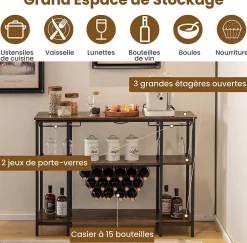 Étagère Range Bouteille à 3 Niveaux avec Prises Table de Bar à Liqueur avec Porte bouteille et Kit Anti basculement Marron