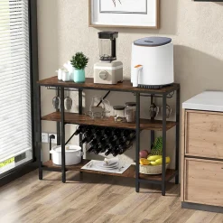 Étagère Range Bouteille à 3 Niveaux avec Prises Table de Bar à Liqueur avec Porte bouteille et Kit Anti basculement Marron