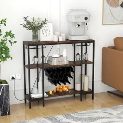Étagère Range Bouteille à 3 Niveaux avec Prises Table de Bar à Liqueur avec Porte bouteille et Kit Anti basculement Marron