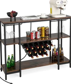 Étagère Range Bouteille à 3 Niveaux avec Prises Table de Bar à Liqueur avec Porte bouteille et Kit Anti basculement Marron
