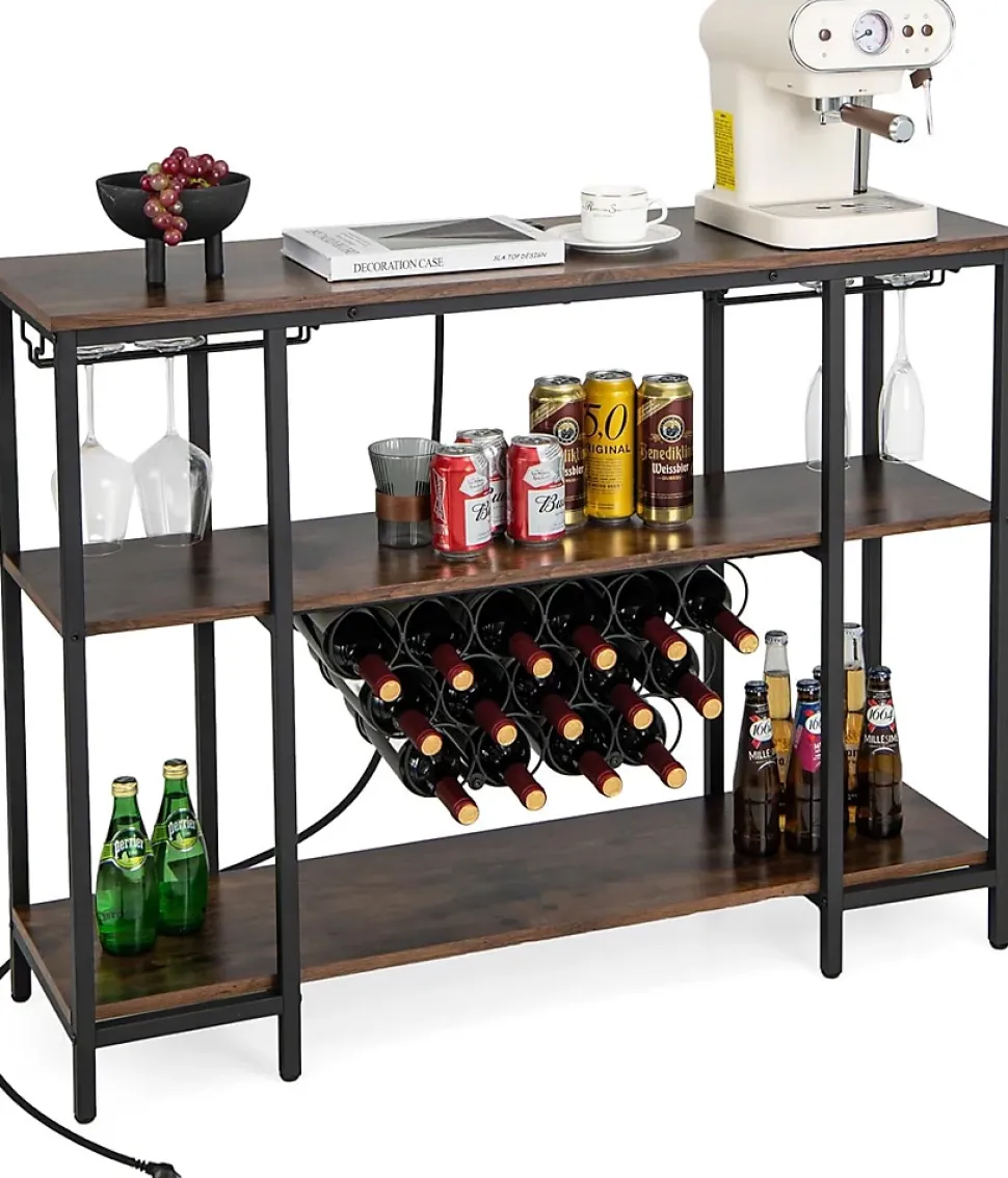 Étagère Range Bouteille à 3 Niveaux avec Prises Table de Bar à Liqueur avec Porte bouteille et Kit Anti basculement Marron