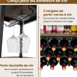 Étagère Range Bouteille à 3 Niveaux avec Prises Table de Bar à Liqueur avec Porte bouteille et Kit Anti basculement Marron