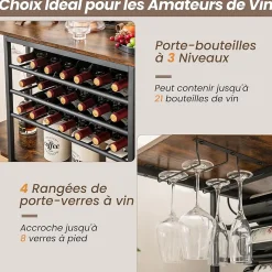 Étagère Range Bouteille à 3 Niveaux avec Station de Charge Intégrée Étagères Ouvertes et Porte bouteilles de Vin Gris