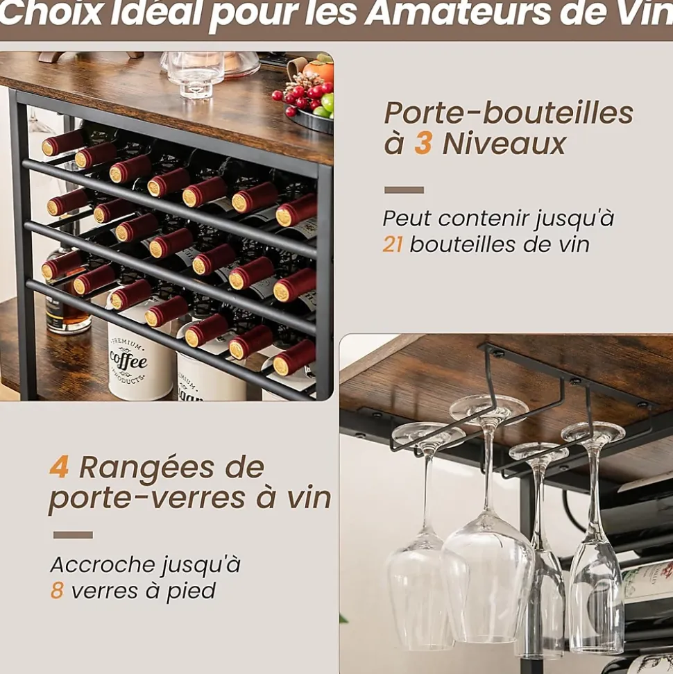 Étagère Range Bouteille à 3 Niveaux avec Station de Charge Intégrée Étagères Ouvertes et Porte bouteilles de Vin Gris