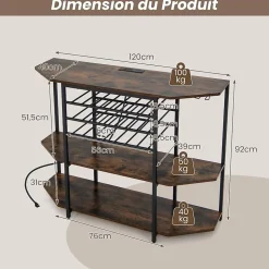 Étagère Range Bouteille à 3 Niveaux avec Station de Charge Intégrée Étagères Ouvertes et Porte bouteilles de Vin Gris