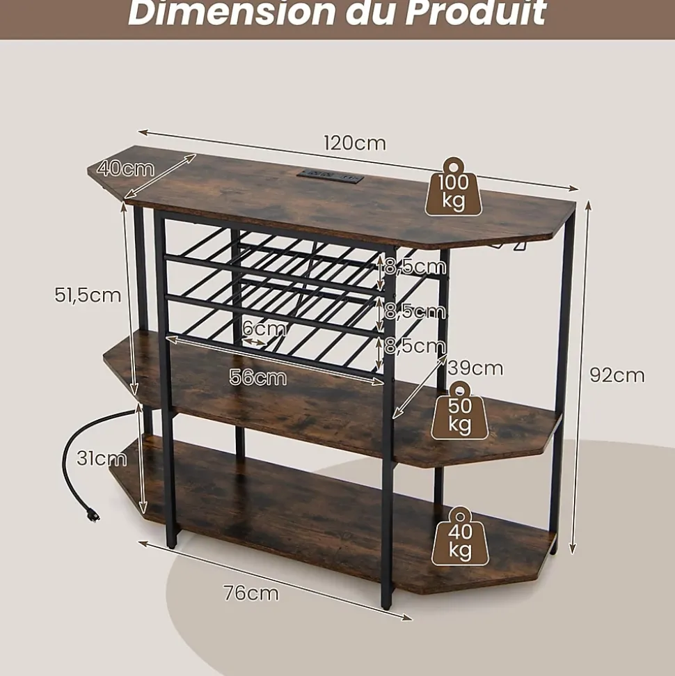 Étagère Range Bouteille à 3 Niveaux avec Station de Charge Intégrée Étagères Ouvertes et Porte bouteilles de Vin Gris