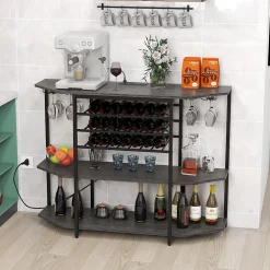 Étagère Range Bouteille à 3 Niveaux avec Station de Charge Intégrée Étagères Ouvertes et Porte bouteilles de Vin Gris
